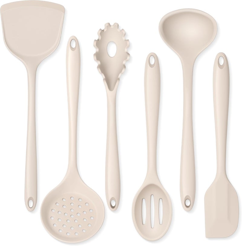 Onader Kitchen Utensils Set, Silicone Non Toxic Cooking Utensils, 6 Pcs Heat Resistant Kitchen Gadgets Set for Nonstick Cookware - Khaki - Image 1